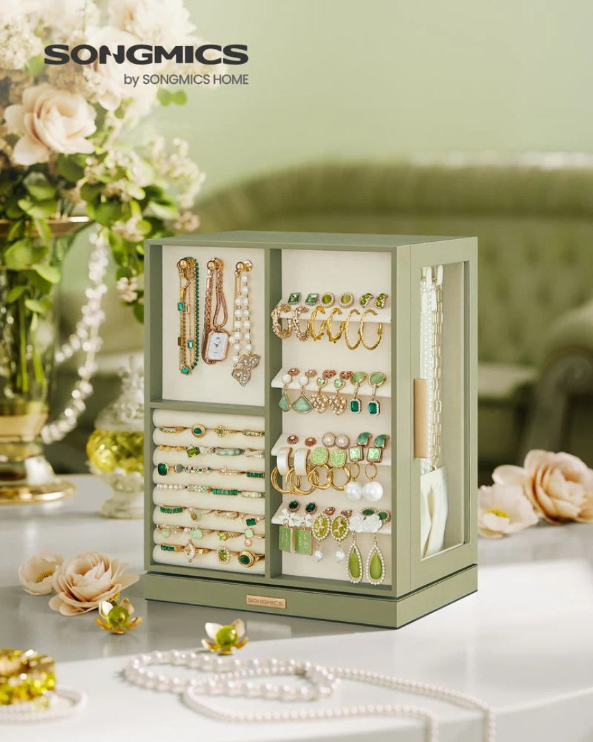Rotating Jewelry Box Organizer With 5 Drawers And Hooks