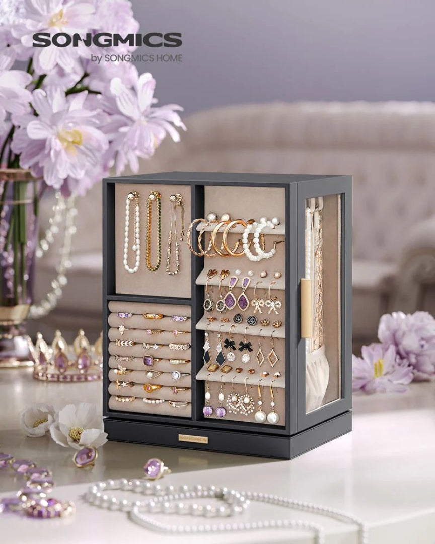 Rotating Jewelry Box Organizer With 5 Drawers And Hooks