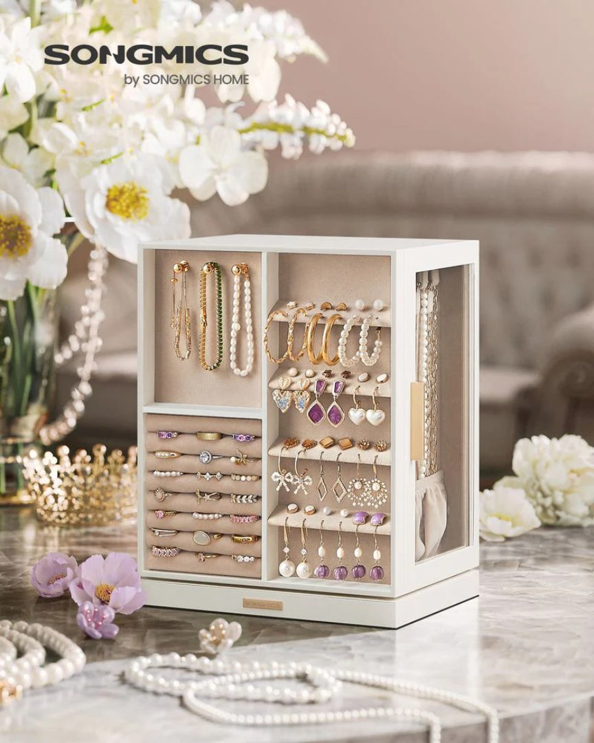 Rotating Jewelry Box Organizer With 5 Drawers And Hooks