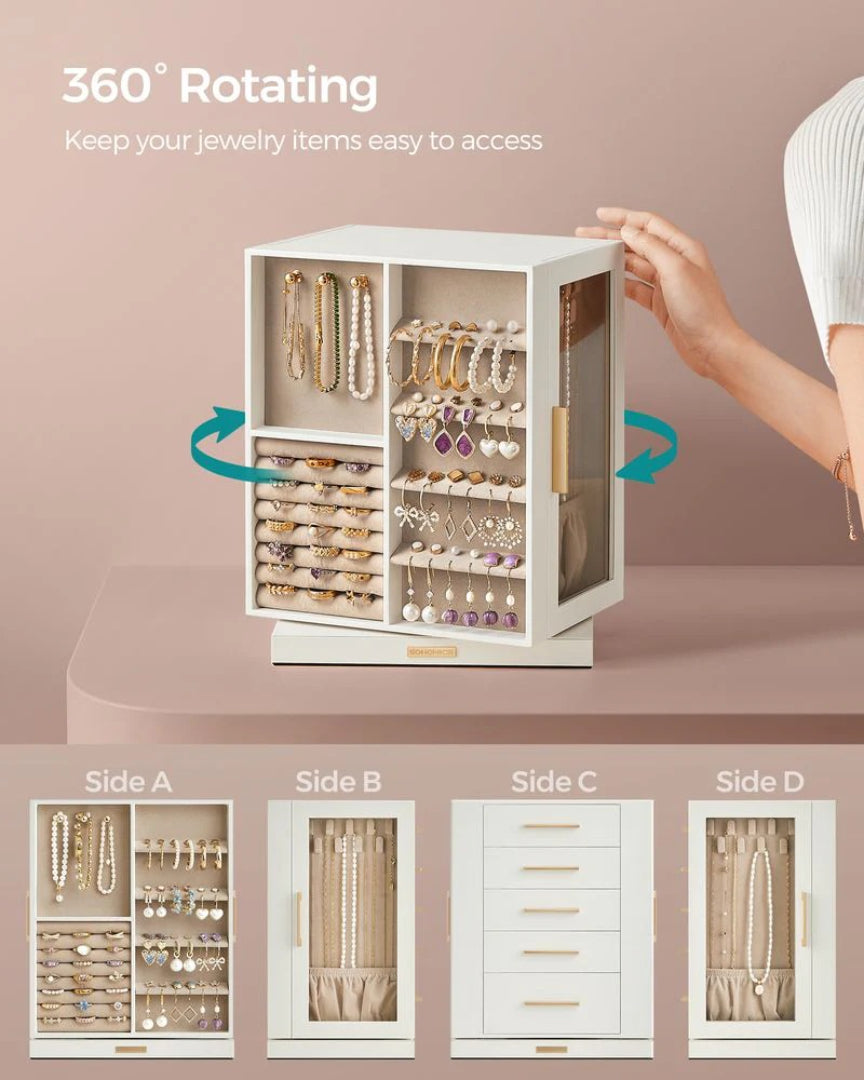 Rotating Jewelry Box Organizer With 5 Drawers And Hooks
