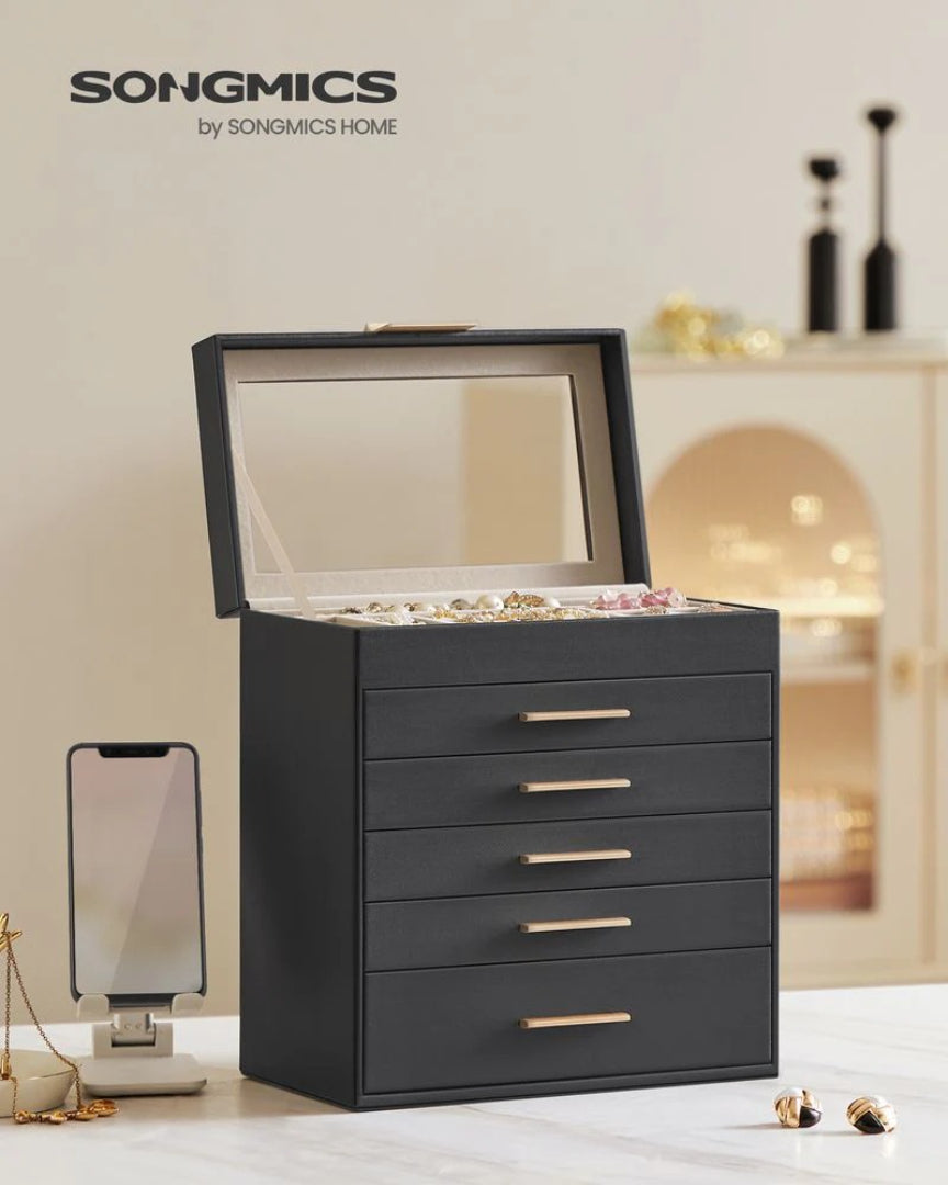 Large Jewelry Box With Glass Lid 4 Or 6 Layer Organizer