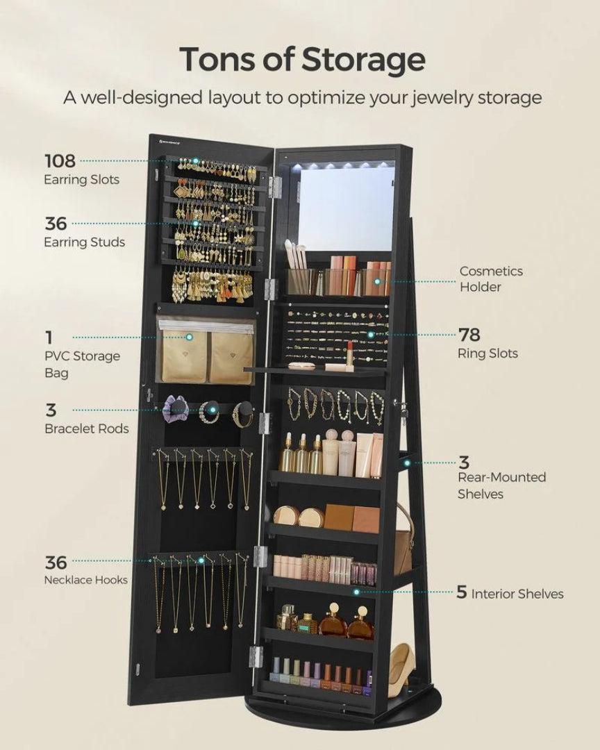 Standing Mirror Jewelry Cabinet With LED Lights And Storage