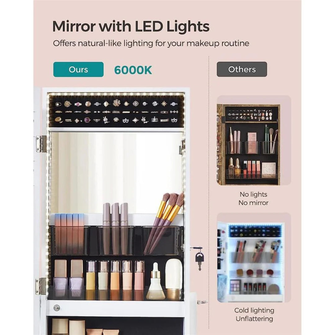 Standing Mirror Jewelry Cabinet With LED Lights And Lock