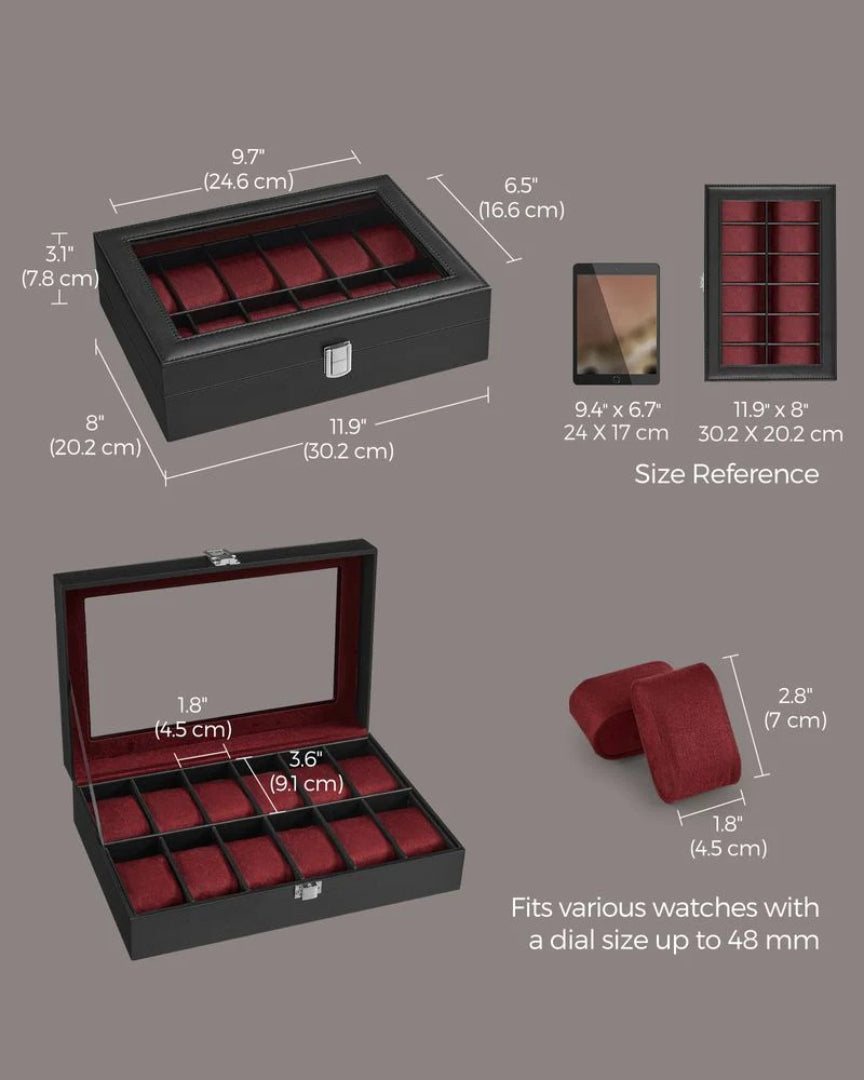 Watch Storage Case With Glass Lid 6 Or 12 Slot Organizer