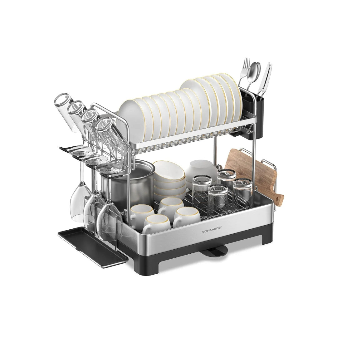 2-Tier Dish Drying Rack with Drainboard, Stainless Steel Kitchen Dish Rack