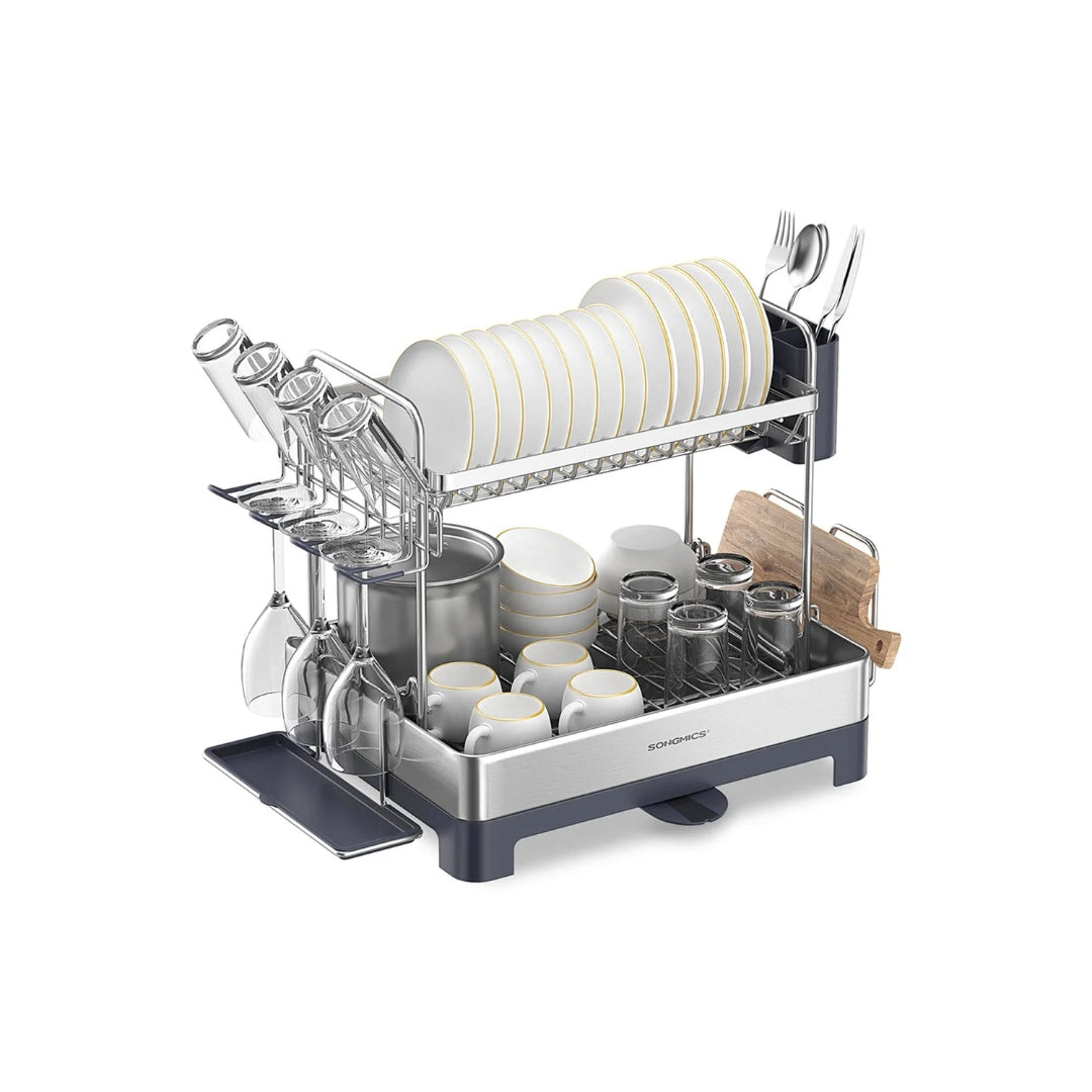 2-Tier Dish Drying Rack with Drainboard, Stainless Steel Kitchen Dish Rack