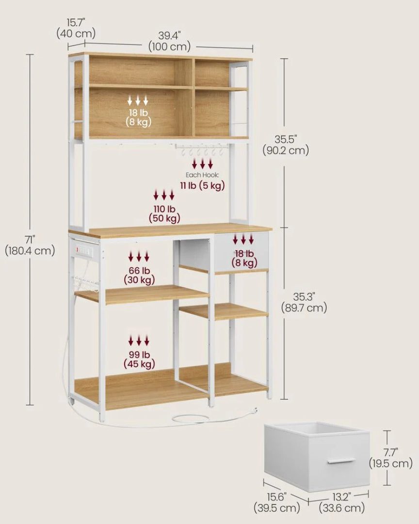 Baker’s Rack with Charging Station and Storage Shelves, Kitchen Rack