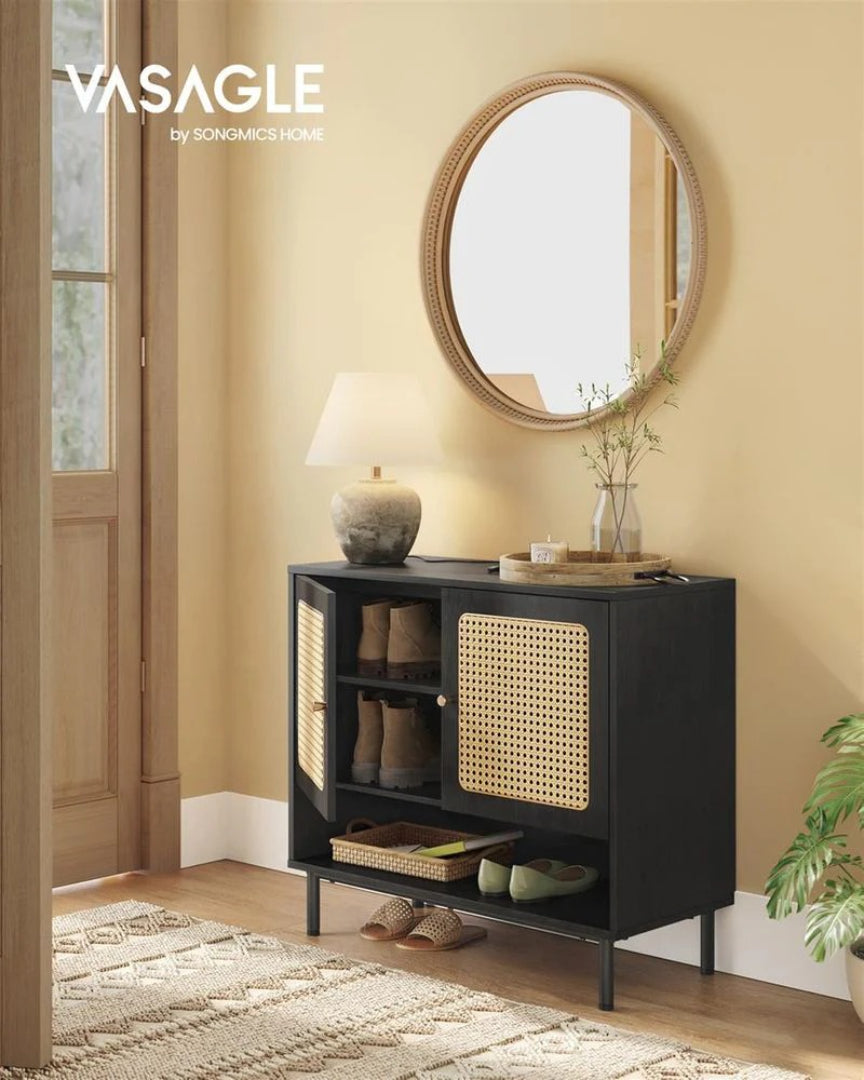 Rattan 3-Tier Shoe Cabinet with Adjustable Shelf, Entryway Storage