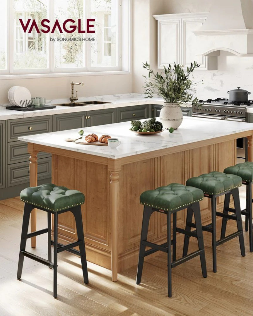 Counter Height Bar Stools Set of 2 with Tufted Upholstered Seats and Footrests