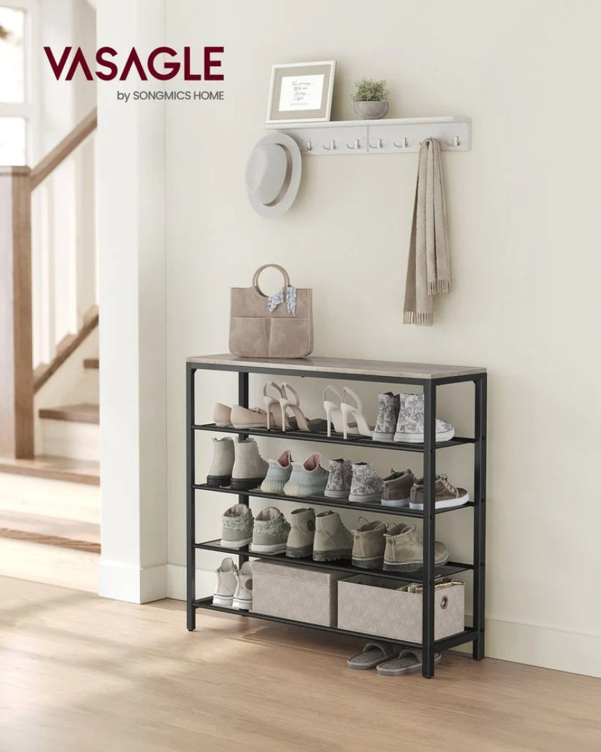 5 Tier Shoe Rack With Mesh Shelves & Storage Top Organizer