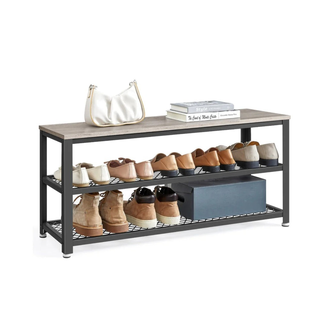 3 Tier Shoe Storage Bench With Metal Shelves, 39.4 Inch Unit