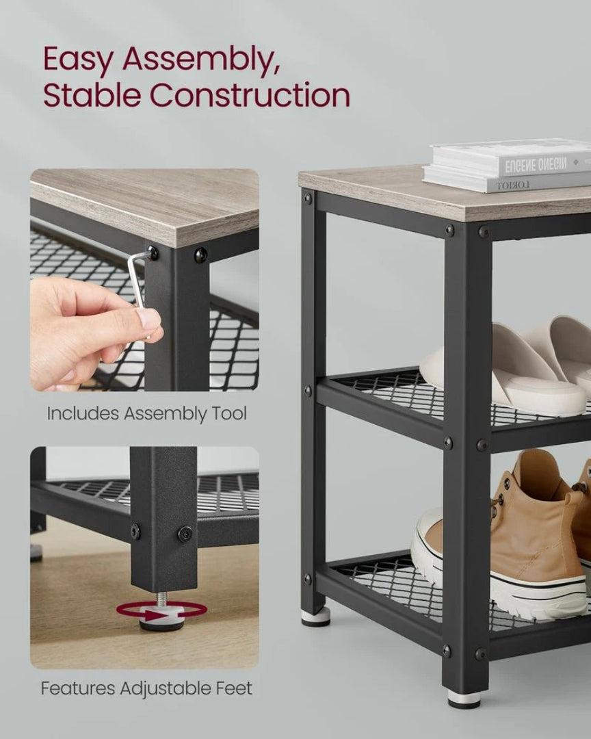 3 Tier Shoe Storage Bench With Metal Shelves, 39.4 Inch Unit