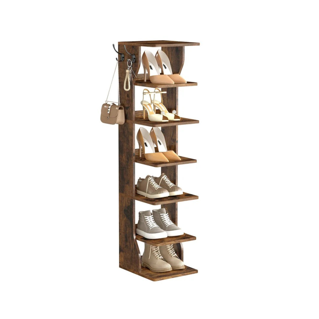 7 Tier Slim Shoe Rack With Hooks, Narrow Shoe Storage Organizer