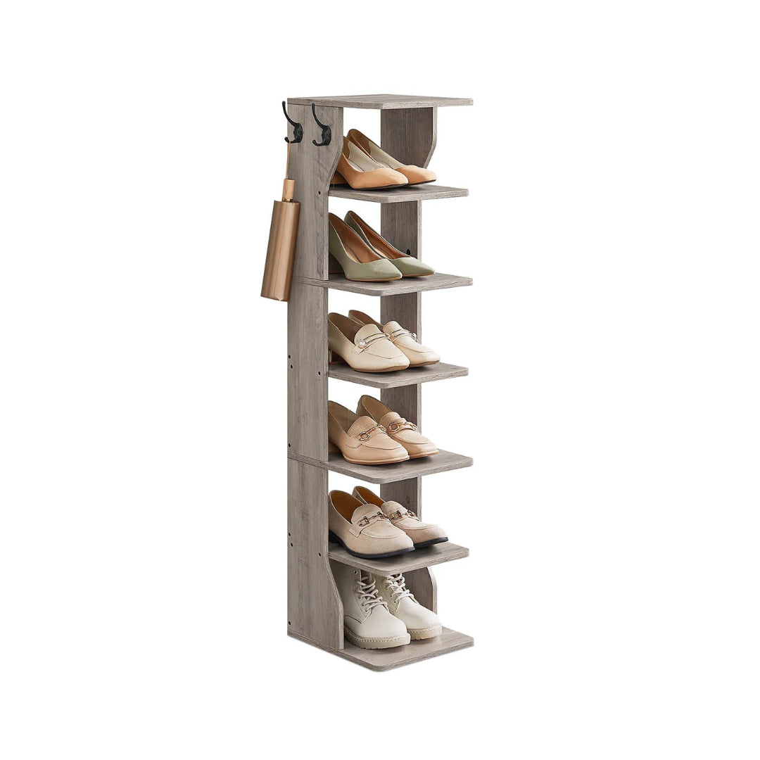 7 Tier Slim Shoe Rack With Hooks, Narrow Shoe Storage Organizer