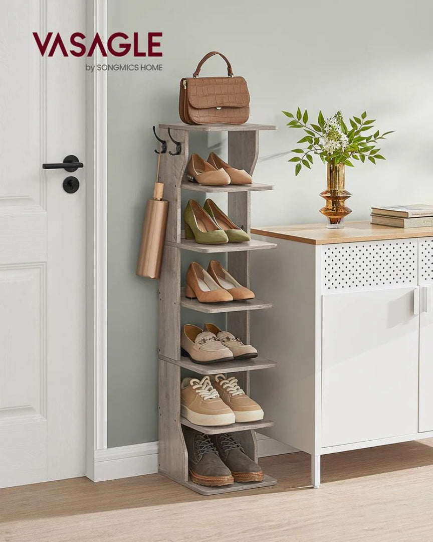 7 Tier Slim Shoe Rack With Hooks, Narrow Shoe Storage Organizer
