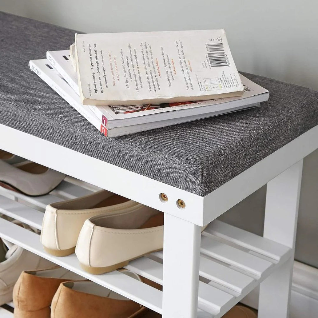 Shoe Organizer Bench With Cushion & 2 Shelves, 28 Inch Unit