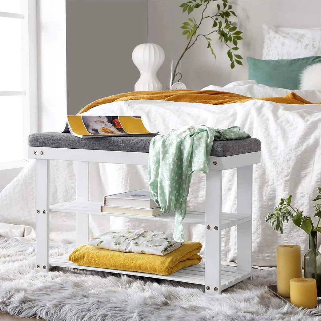 Shoe Organizer Bench With Cushion & 2 Shelves, 28 Inch Unit