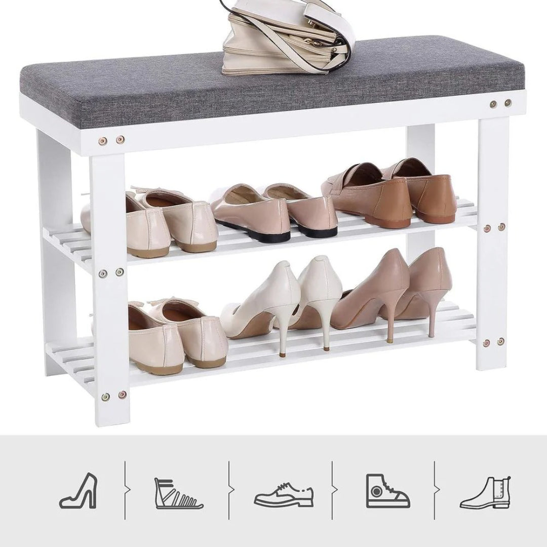 Shoe Organizer Bench With Cushion & 2 Shelves, 28 Inch Unit