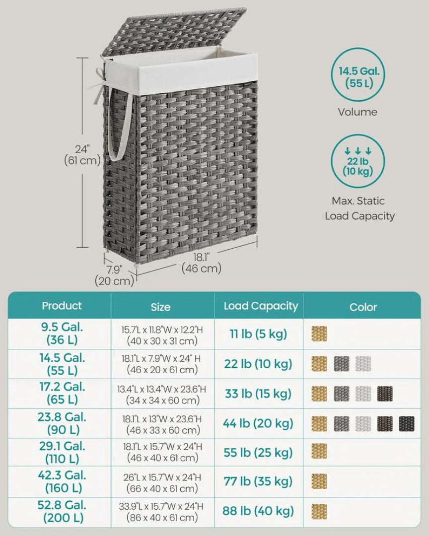 Slim Laundry Hamper With Lid 14.5 Gallon Rattan Basket