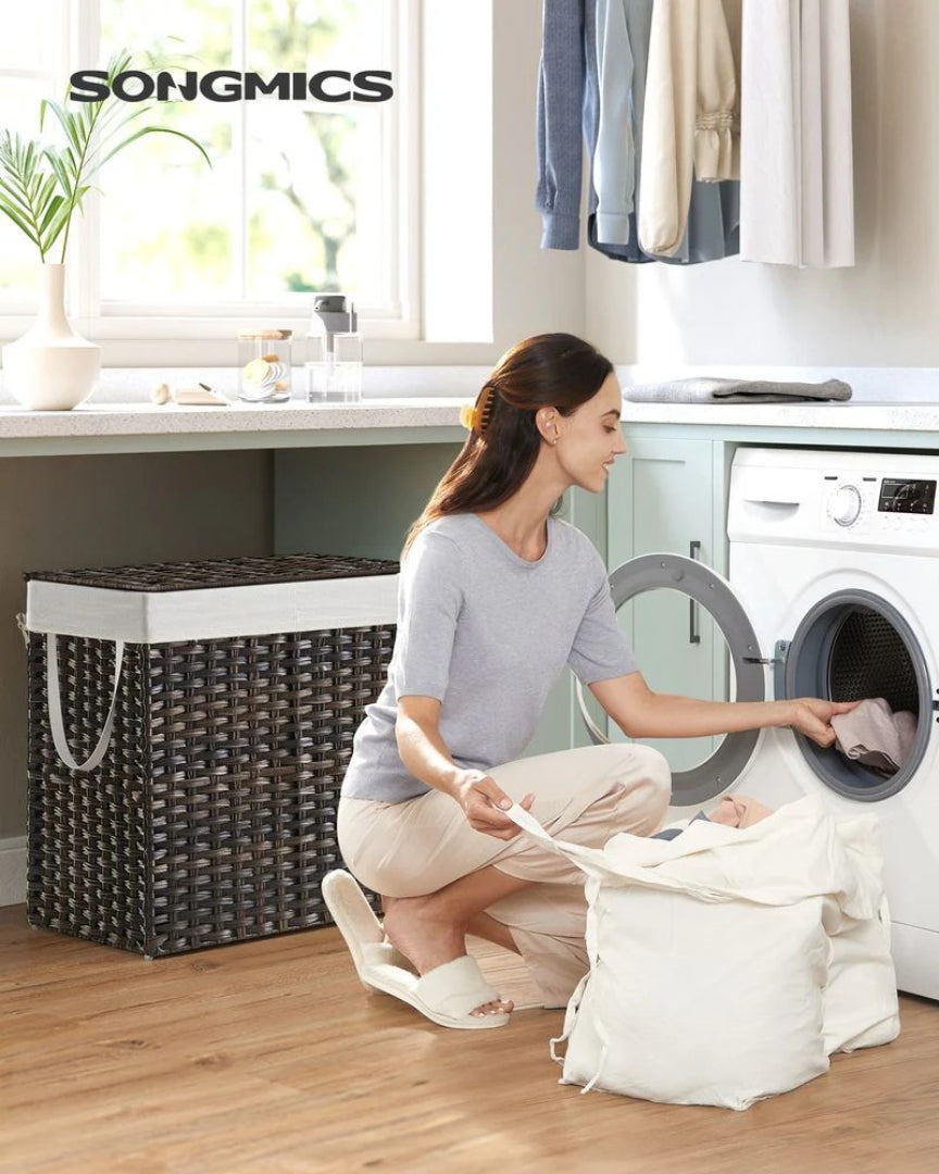Laundry Hamper With Lid 34 Gallon 2 Section Rattan Basket