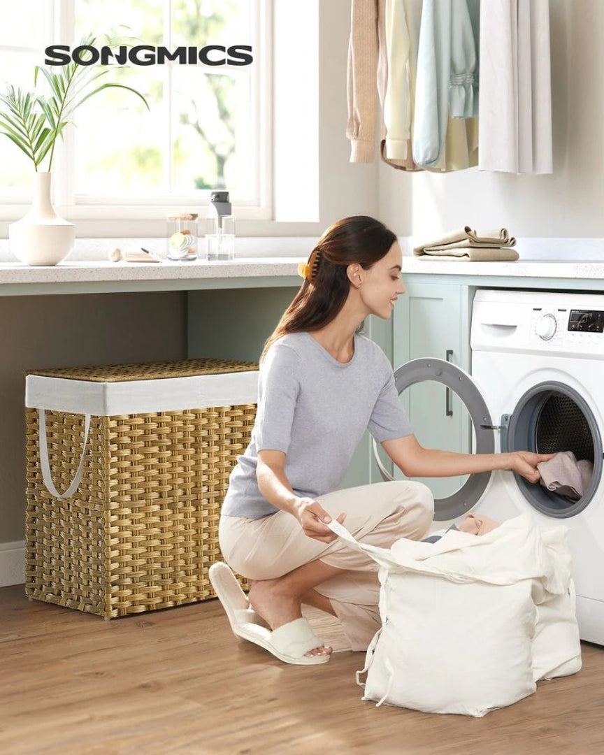 Laundry Hamper With Lid 34 Gallon 2 Section Rattan Basket