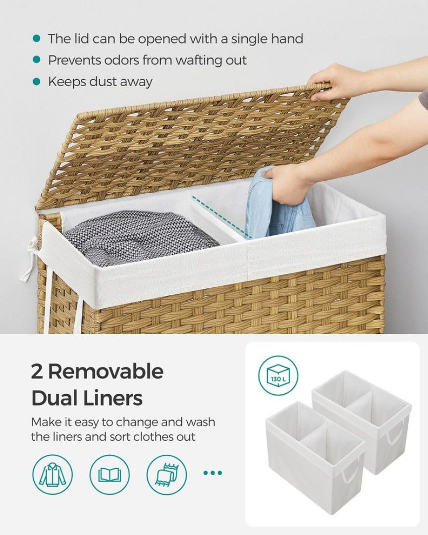Laundry Hamper With Lid 34 Gallon 2 Section Rattan Basket