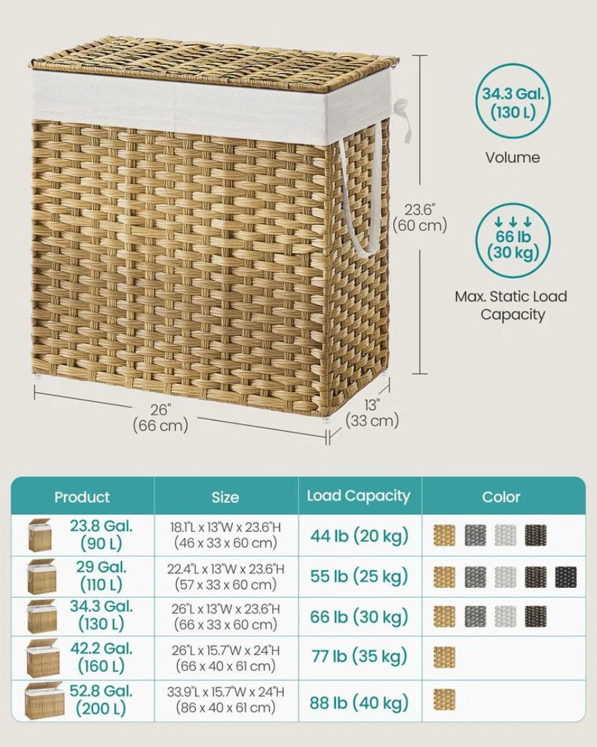 Laundry Hamper With Lid 34 Gallon 2 Section Rattan Basket
