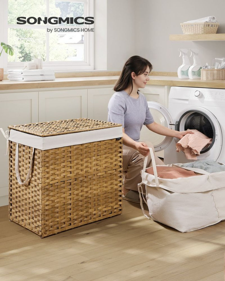 Laundry Hamper With Lid 34 Gallon 2 Section Rattan Basket