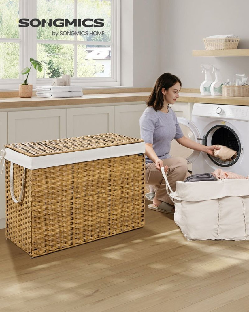 Laundry Hamper With Lid 34 Gallon 2 Section Rattan Basket