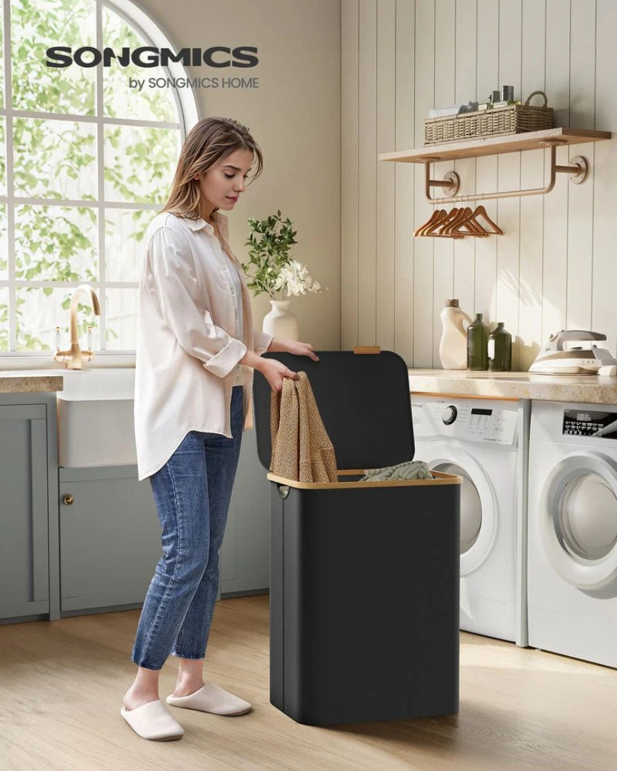 Slim Laundry Hamper With Lid 34.3 Gallon 2 Section Sorter