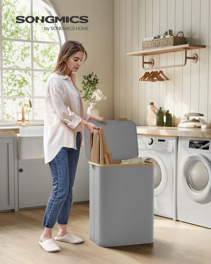 Slim Laundry Hamper With Lid 34.3 Gallon 2 Section Sorter