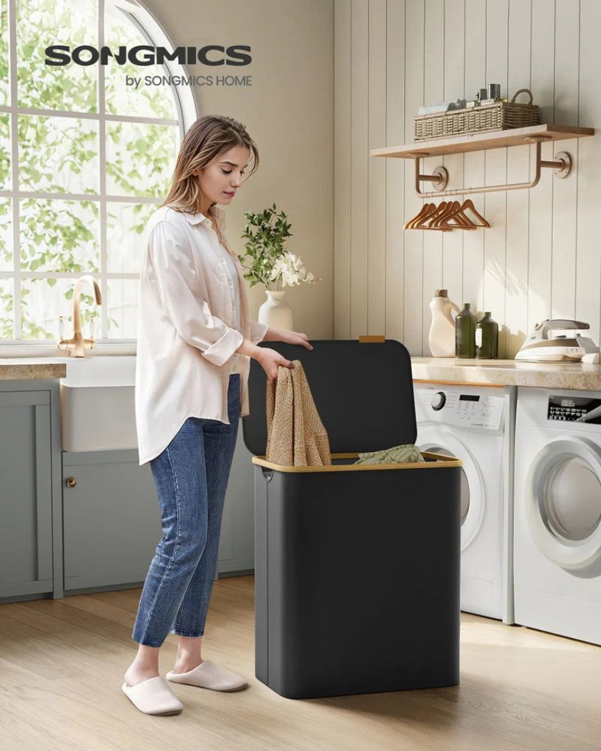 Slim Laundry Hamper With Lid 34.3 Gallon 2 Section Sorter