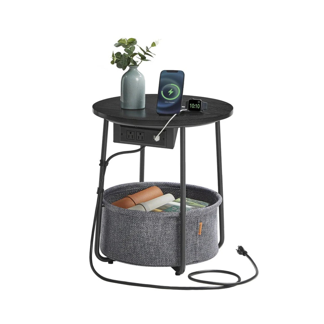 Round Side Table with Charging Station and Fabric Basket Storage