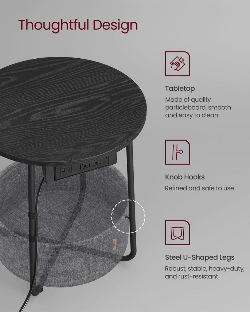Round Side Table with Charging Station and Fabric Basket Storage