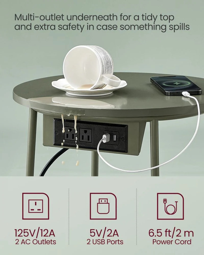 Round Side Table with Charging Station and Fabric Basket Storage