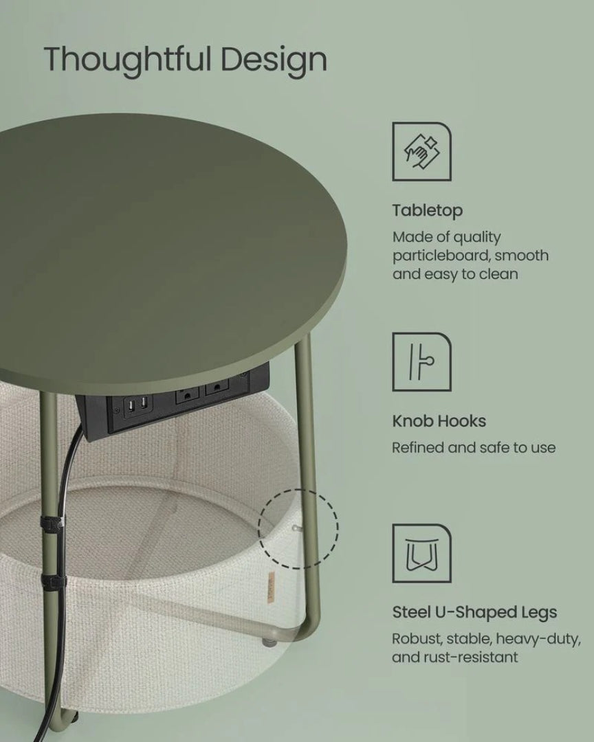 Round Side Table with Charging Station and Fabric Basket Storage