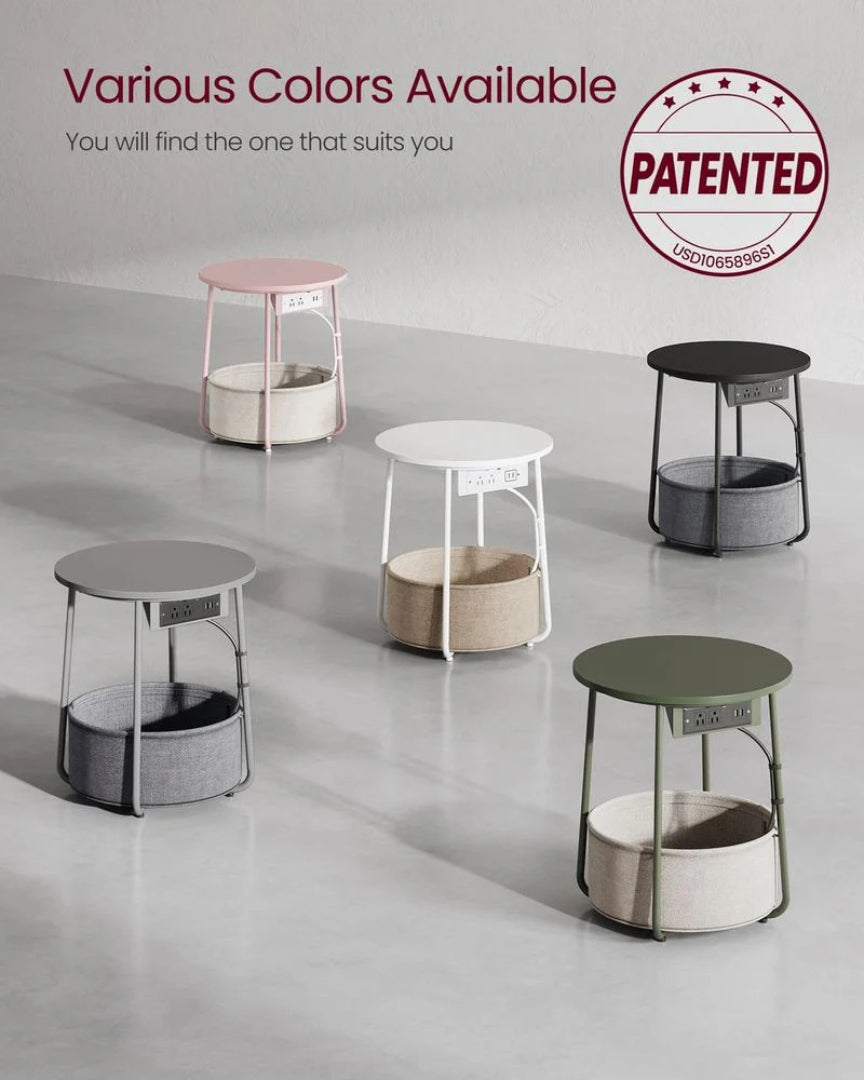 Round Side Table with Charging Station and Fabric Basket Storage