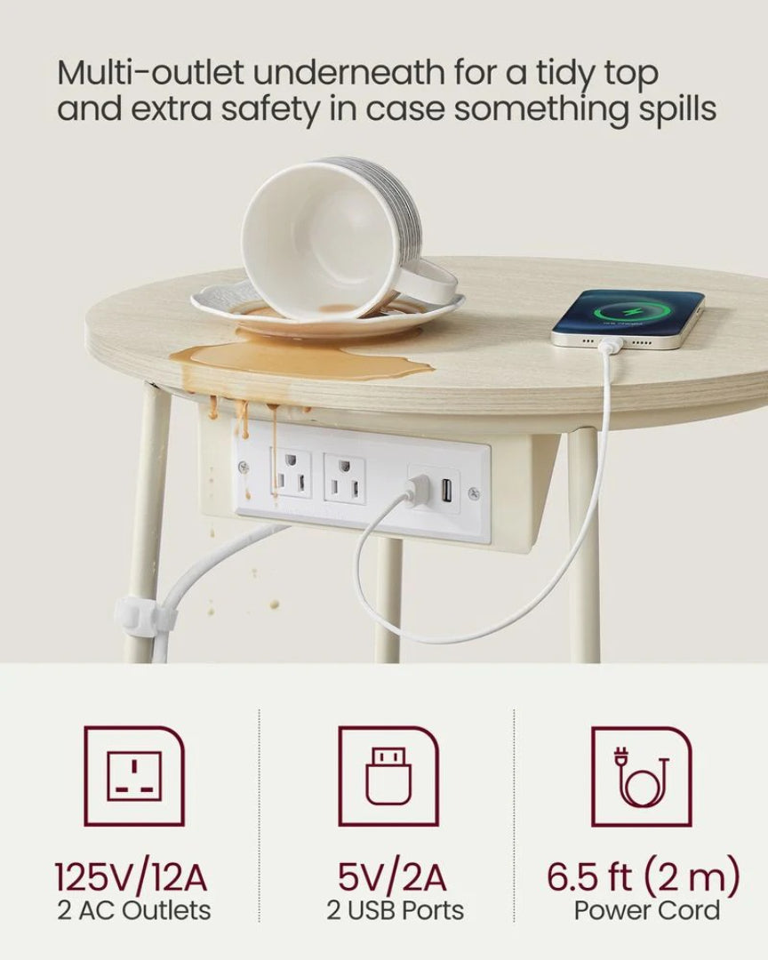 Round Side Table with Charging Station and Fabric Basket Storage