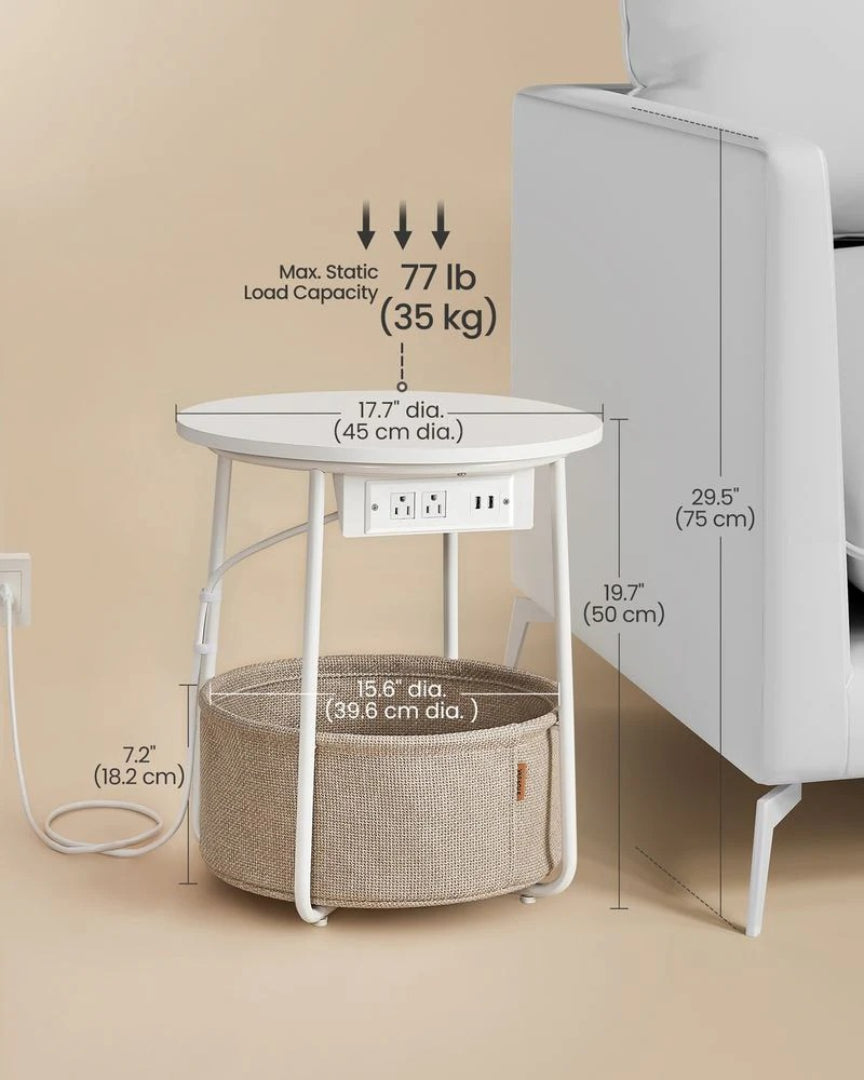 Round Side Table with Charging Station and Fabric Basket Storage