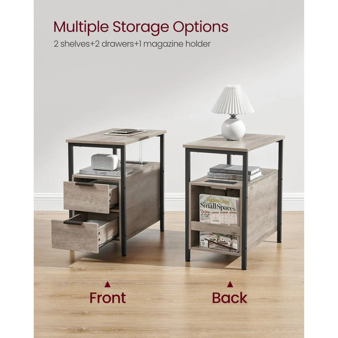 Narrow End Table With Charging Station And 2 Drawers