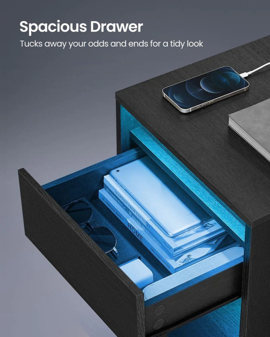 Nightstand With Charging Station And LED Lights Drawer