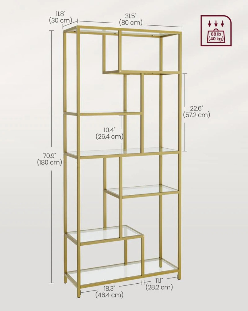 6 Tier Tall Bookshelf With Tempered Glass Shelves