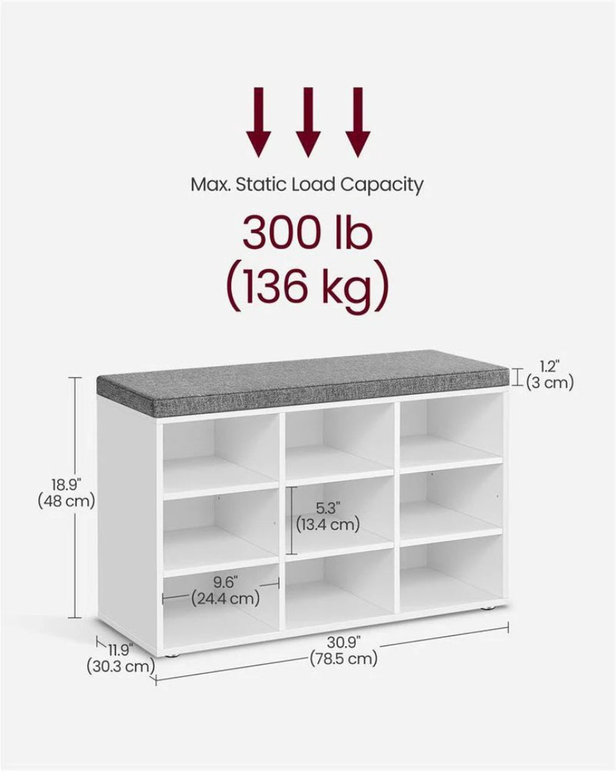 Shoe Storage Bench With Cushion, 9/10/12 Compartments Organizer