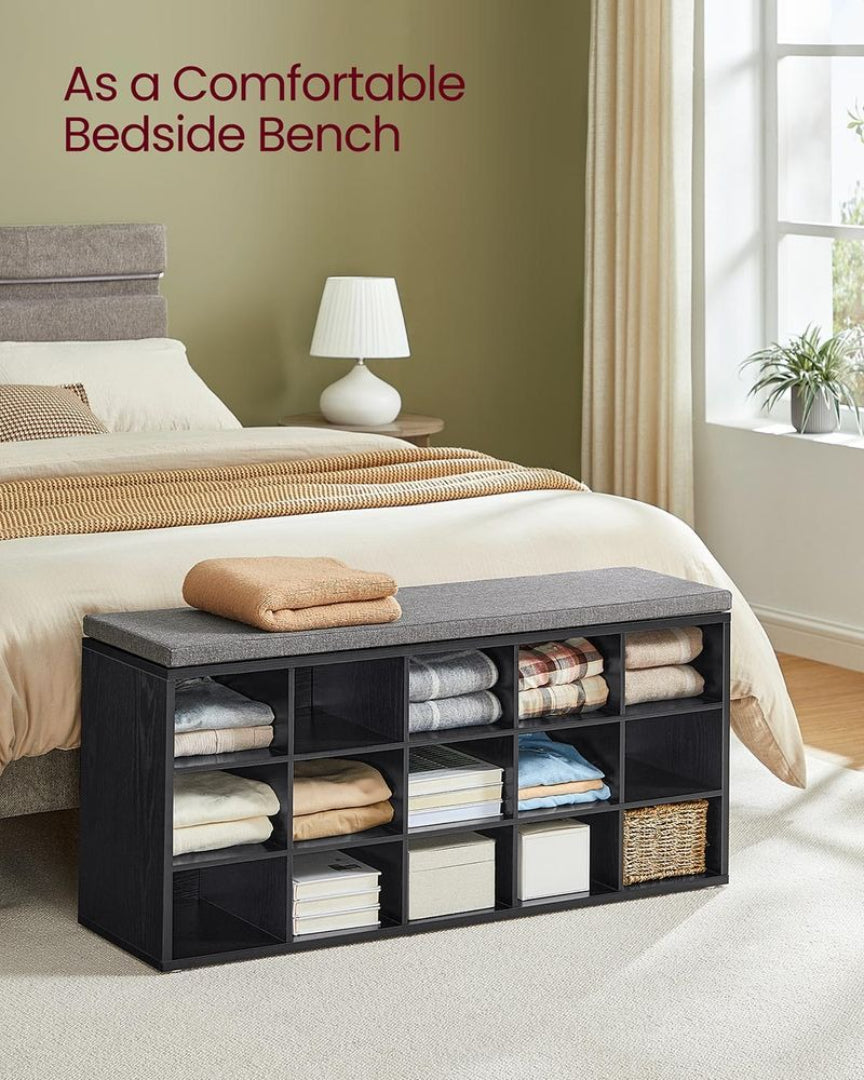 Shoe Storage Bench With Cushion, 15 Compartments Organizer