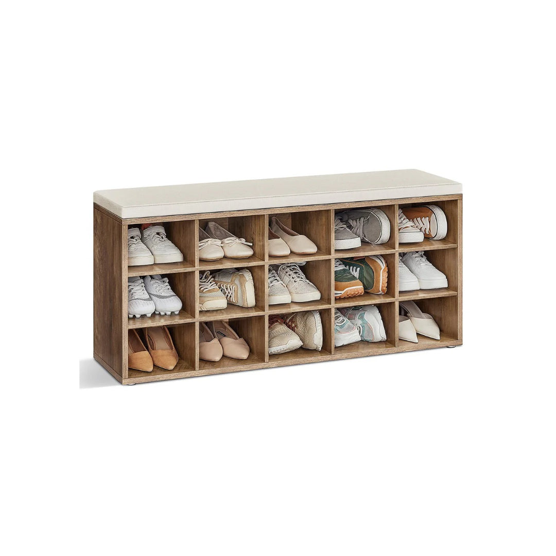 Shoe Storage Bench With Cushion, 15 Compartments Organizer