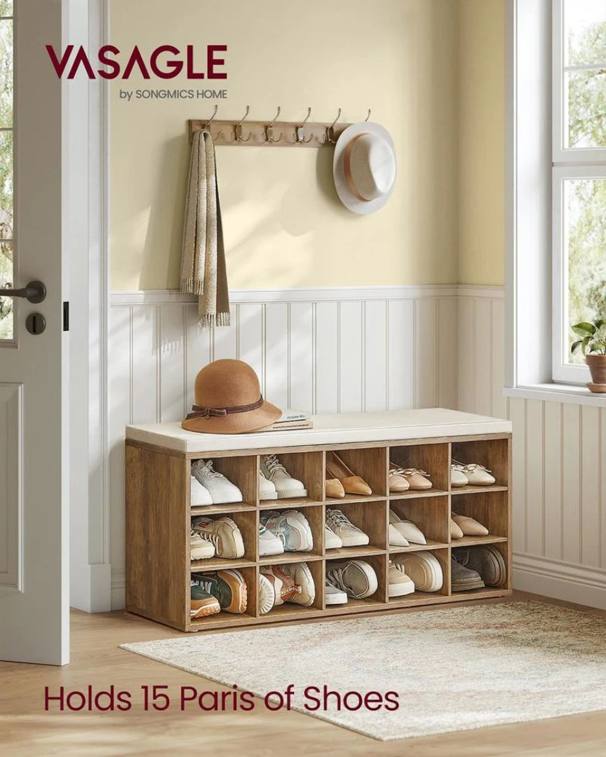 Shoe Storage Bench With Cushion, 15 Compartments Organizer