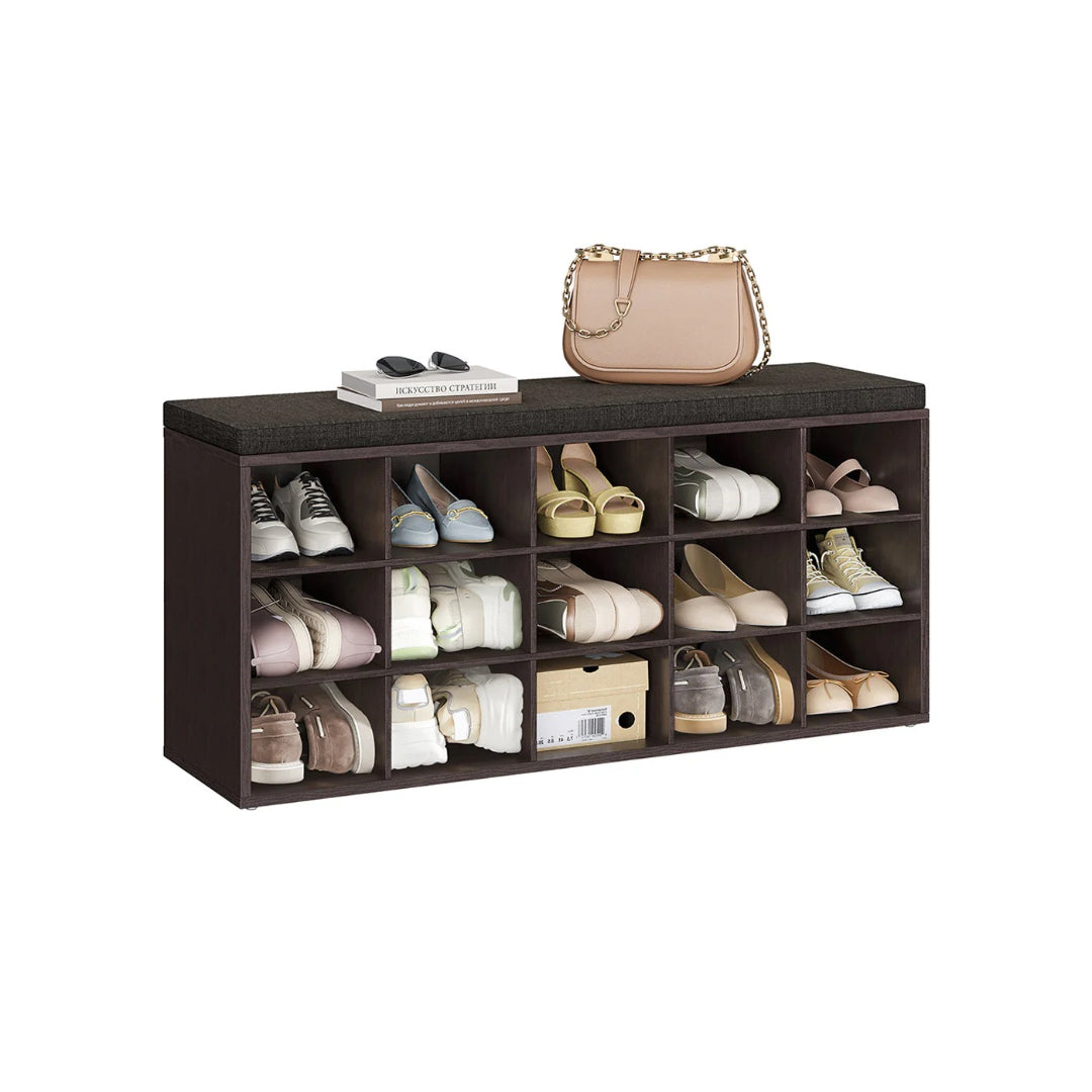 Shoe Storage Bench With Cushion, 15 Compartments Organizer