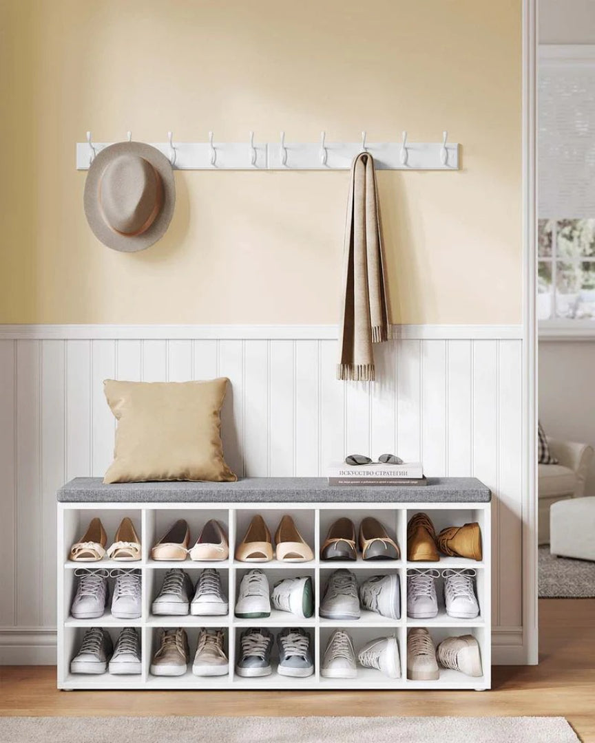 Shoe Storage Bench With Cushion, 15 Compartments Organizer