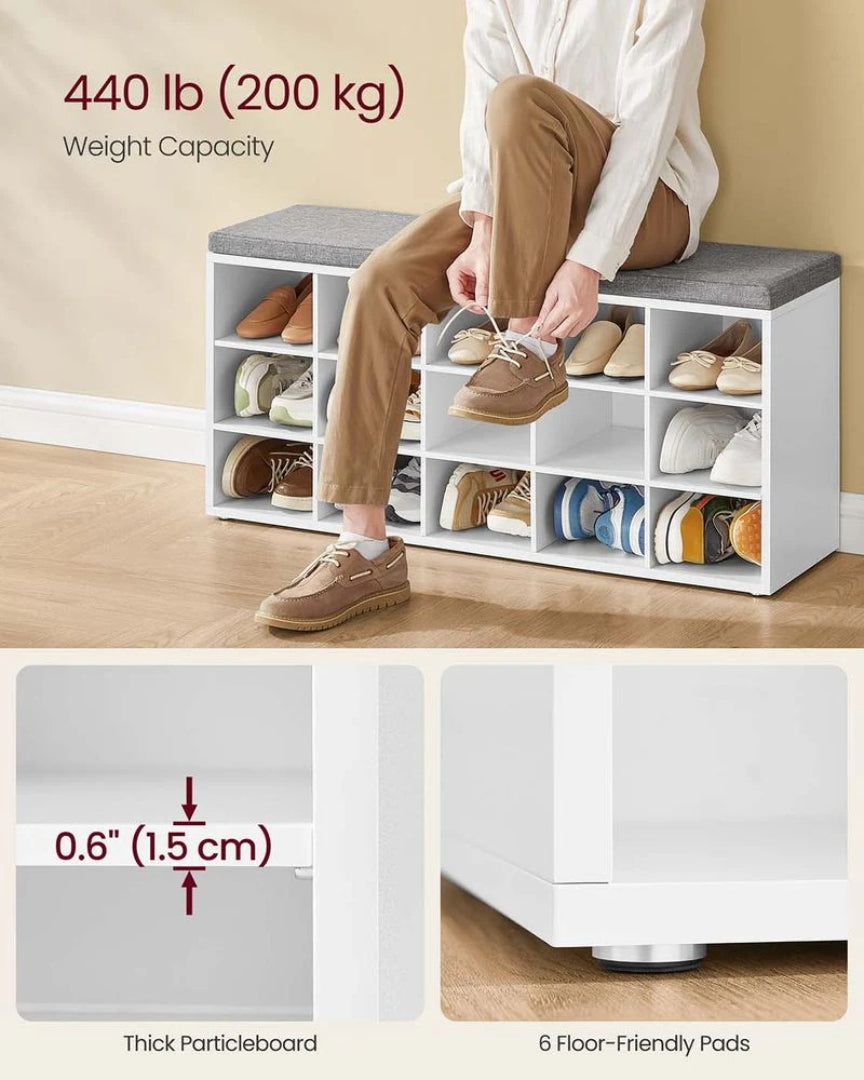 Shoe Storage Bench With Cushion, 15 Compartments Organizer
