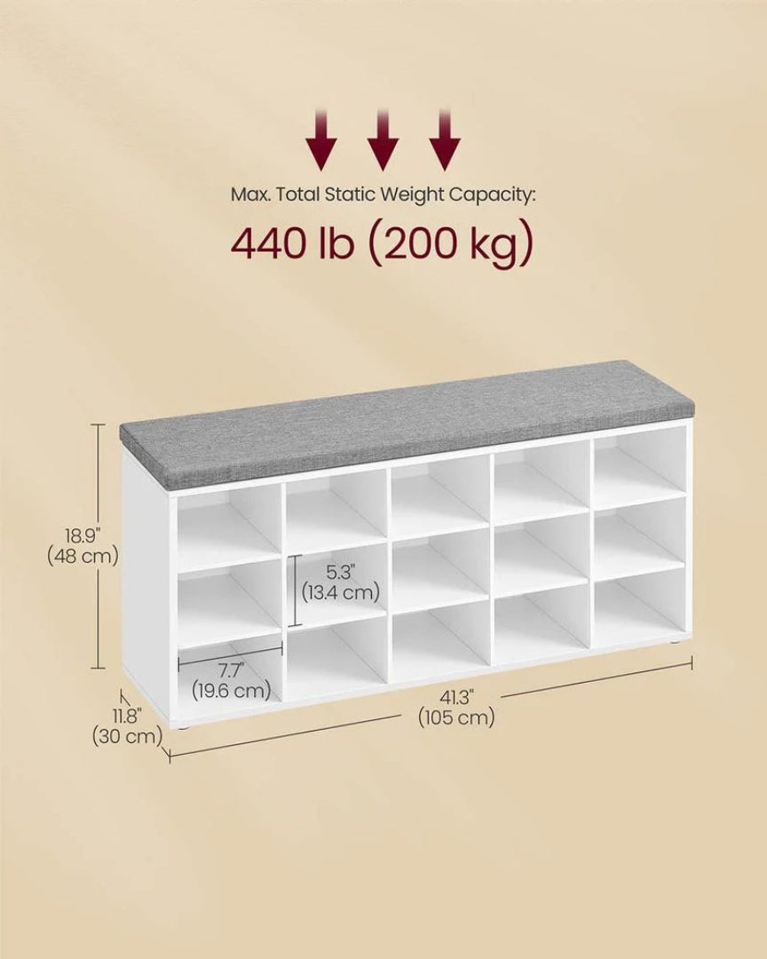Shoe Storage Bench With Cushion, 15 Compartments Organizer